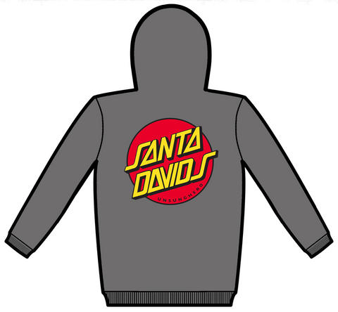 Gray hoodie with a red and yellow 'Santa Davids' logo on the back against a white background