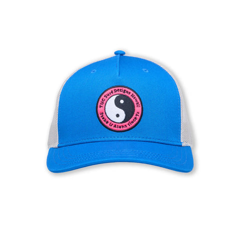 YY Multi Colour Trucker Cap - Electric Blue/Off White (Pink Logo)