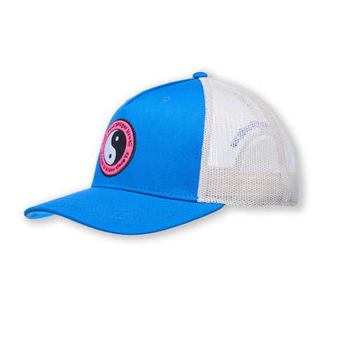 YY Multi Colour Trucker Cap - Electric Blue/Off White (Pink Logo)