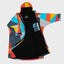 Colorful jacket with geometric patterns on a light gray background