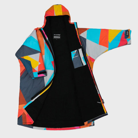 Colorful jacket with geometric patterns on a light gray background