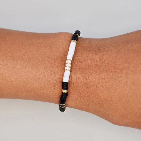 Black And White Stretch Vinyl Bracelet - Gold